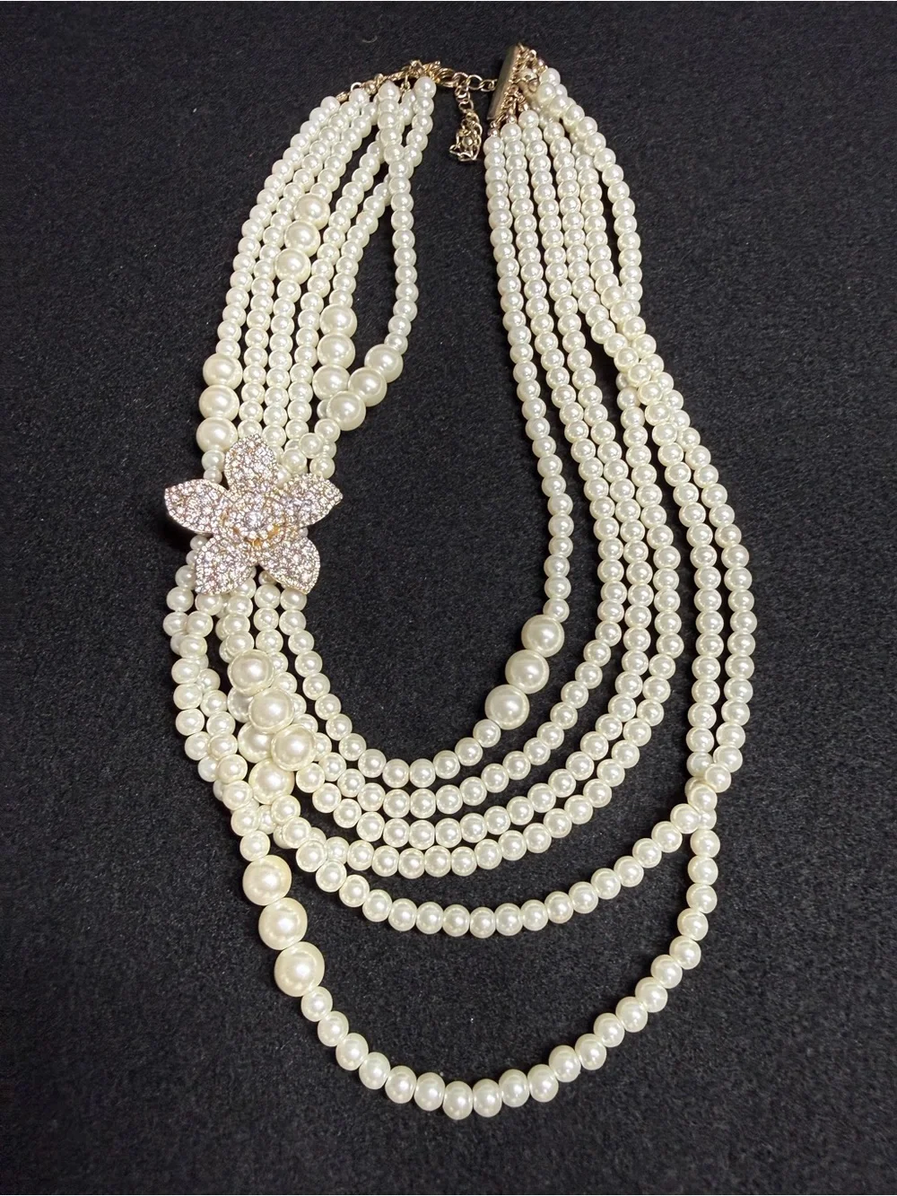 Vintage Italian Faux Pearl Multi Strand Statement Necklace Rhinestone Flower